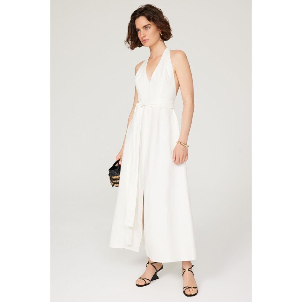 Saunders Collective white linen blend maxi dress front slit tie waist size 8
